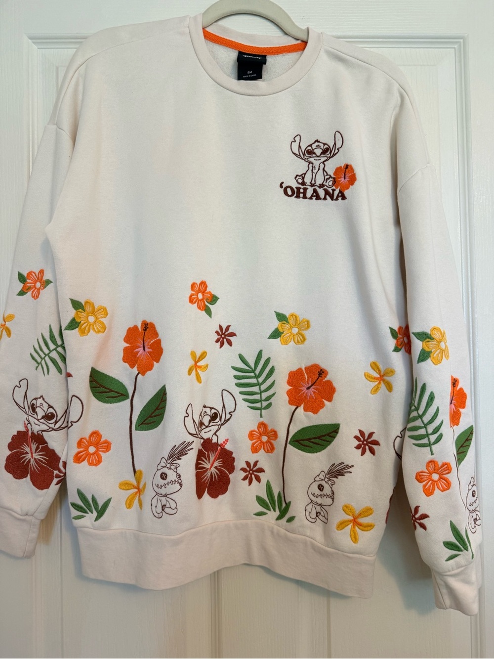 Disney Stitch 'Ohana Floral Crewneck Sweatshirt - Cream & Orange